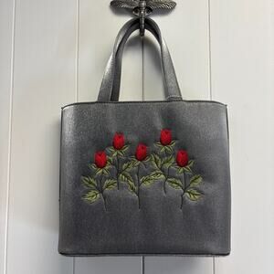 Euroline Floral Rose Embroidered Twee Shimmery Shoulder Bag Mod Whimsical NWOT